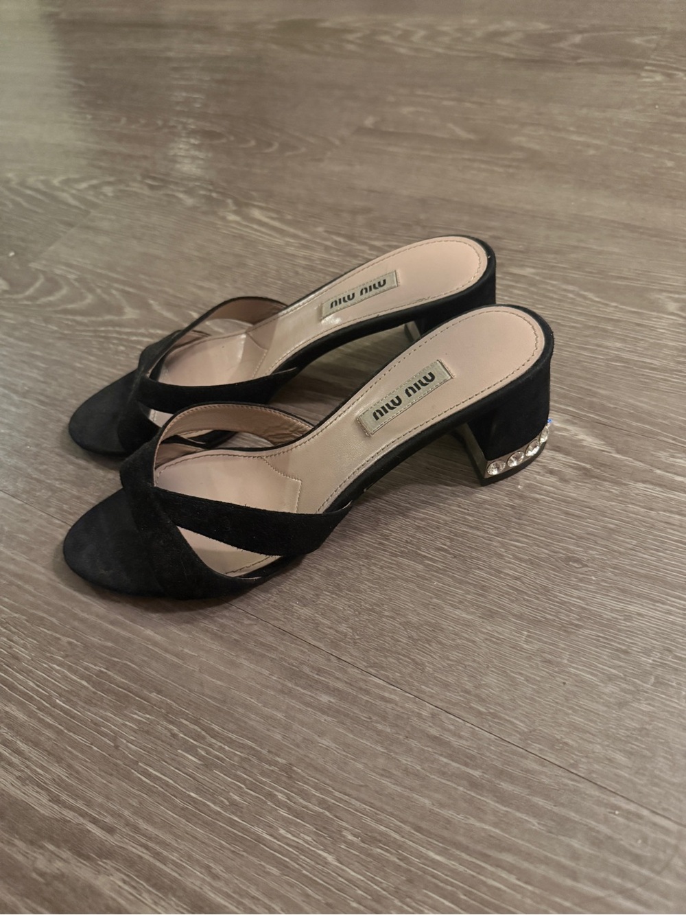 Miu Miu Black Suede Crystal-Accented Block Heel Mules Size 35.5